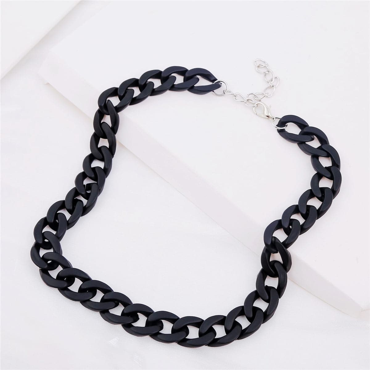 Black Acrylic and Silver-Plated Curb Chain Choker Necklace, silver pendant necklace for women, botanical inspired, front view