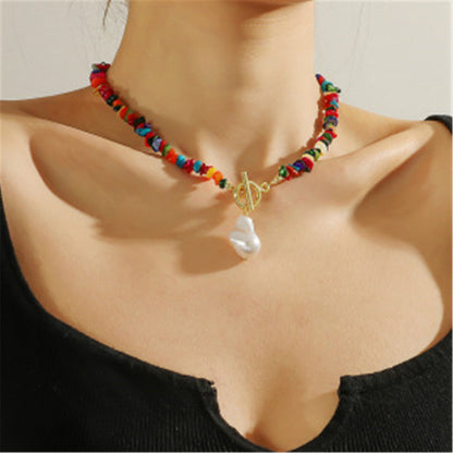 Red Multicolor Resin and Pearl Irregular Stone Pendant Necklace, pendant necklace for women, botanical inspired, side view