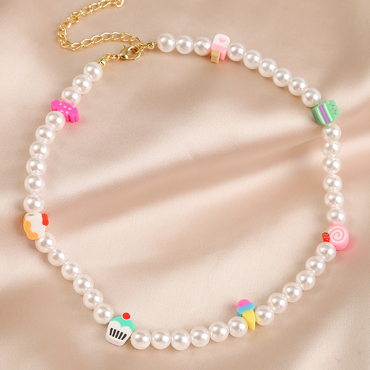 Pearl and Polymer Clay 18K Gold-Plated Dessert Necklace, gold pendant necklace for women, botanical inspired, side view
