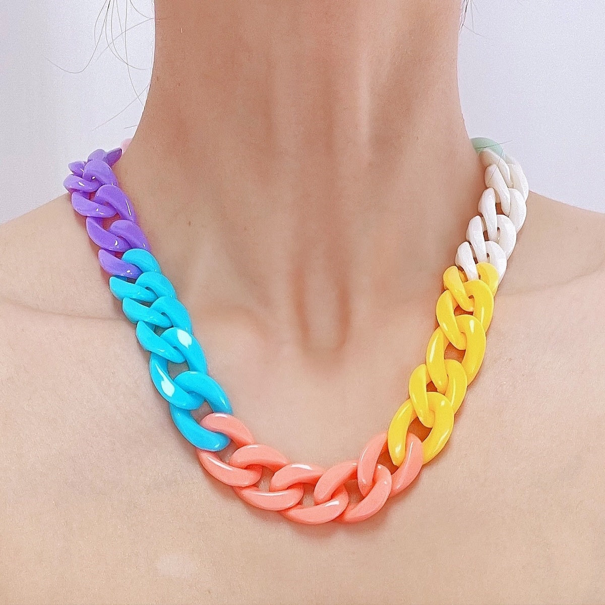 Red Multicolor Acrylic and 18K Gold-Plated Cuban Chain Collar Necklace, gold pendant necklace for women, front view