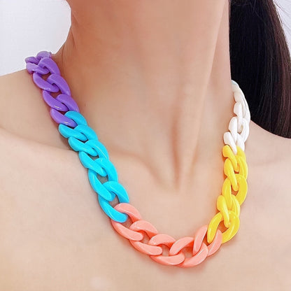 Red Multicolor Acrylic and 18K Gold-Plated Cuban Chain Collar Necklace, gold pendant necklace for women, side view