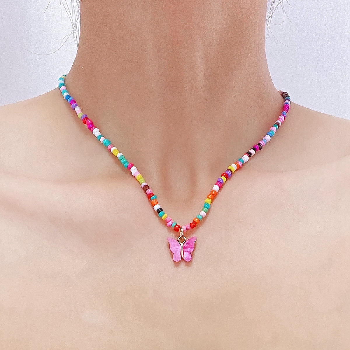 Pink Acrylic and Red Multicolor Howlite Butterfly Pendant Necklace, pendant necklace for women, lifestyle look