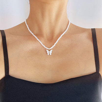 White and Howlite Butterfly Beaded Pendant Necklace, pendant necklace for women, dainty minimalist design, front view