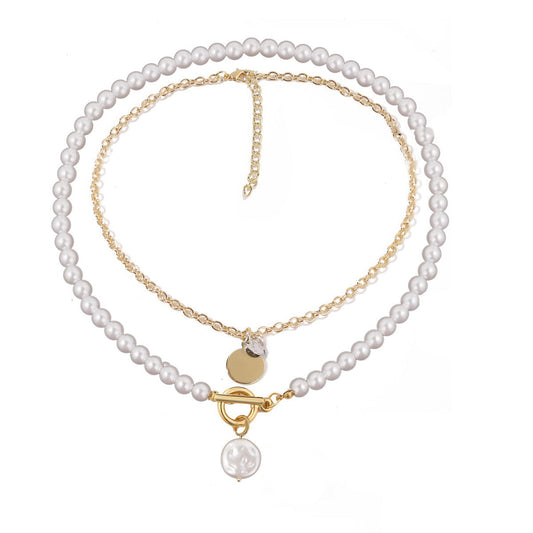 Pearl and Two-Tone Round Pendant Necklace - Set Of Two, jewelry gift sets for women, vintage-inspired design, front view