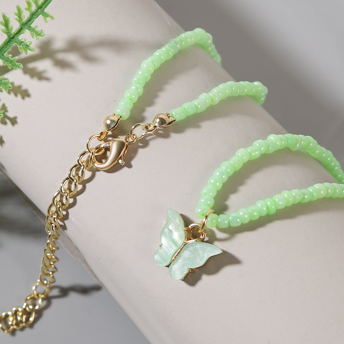 Green Howlite and 18K Gold-Plated Butterfly Pendant Necklace, gold pendant necklace for women, botanical inspired, front view