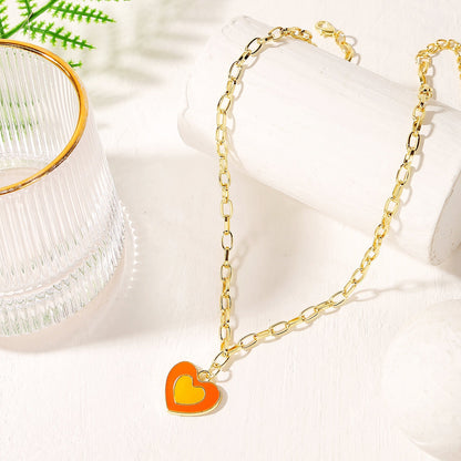 Orange Enamel and 18K Gold-Plated Heart Pendant Necklace, gold pendant necklace for women, front view