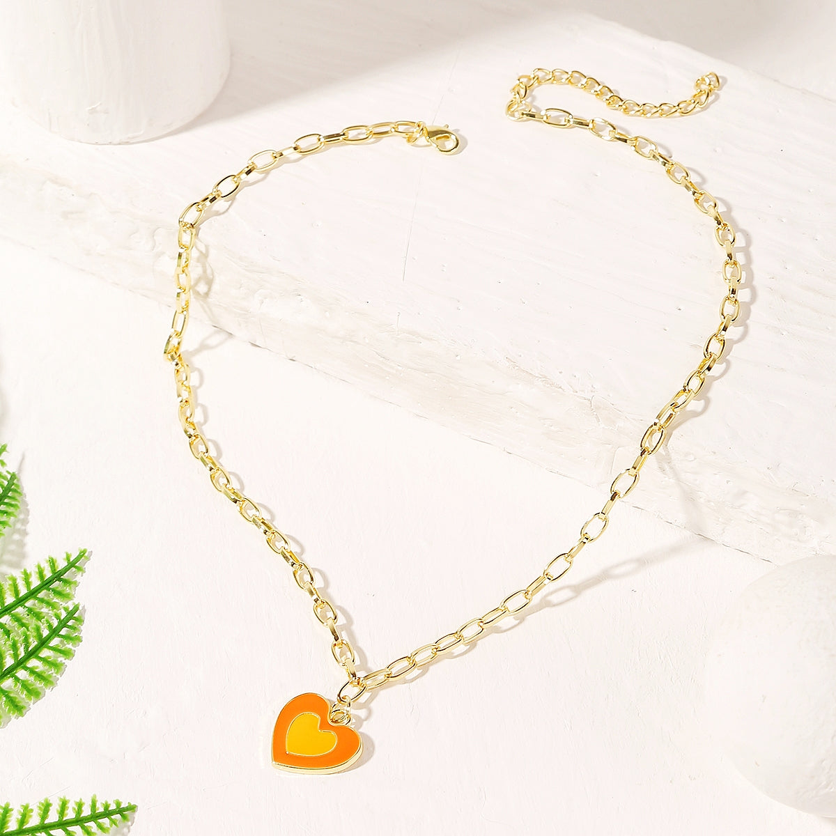 Orange Enamel and 18K Gold-Plated Heart Pendant Necklace, gold pendant necklace for women, detail close-up
