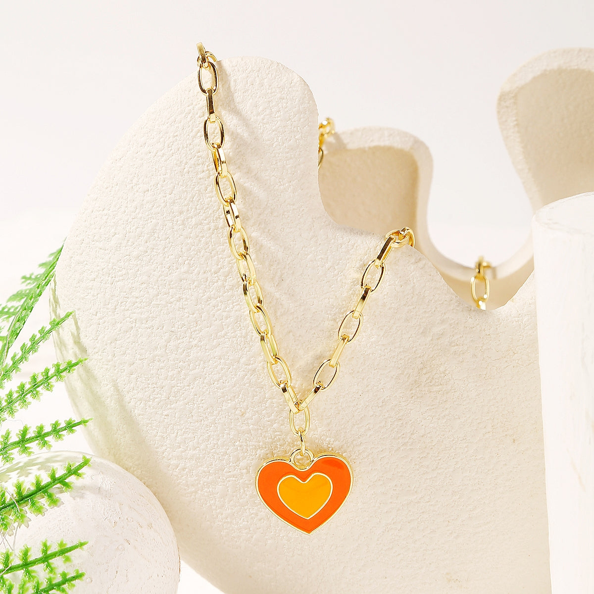 Orange Enamel and 18K Gold-Plated Heart Pendant Necklace, gold pendant necklace for women, lifestyle look