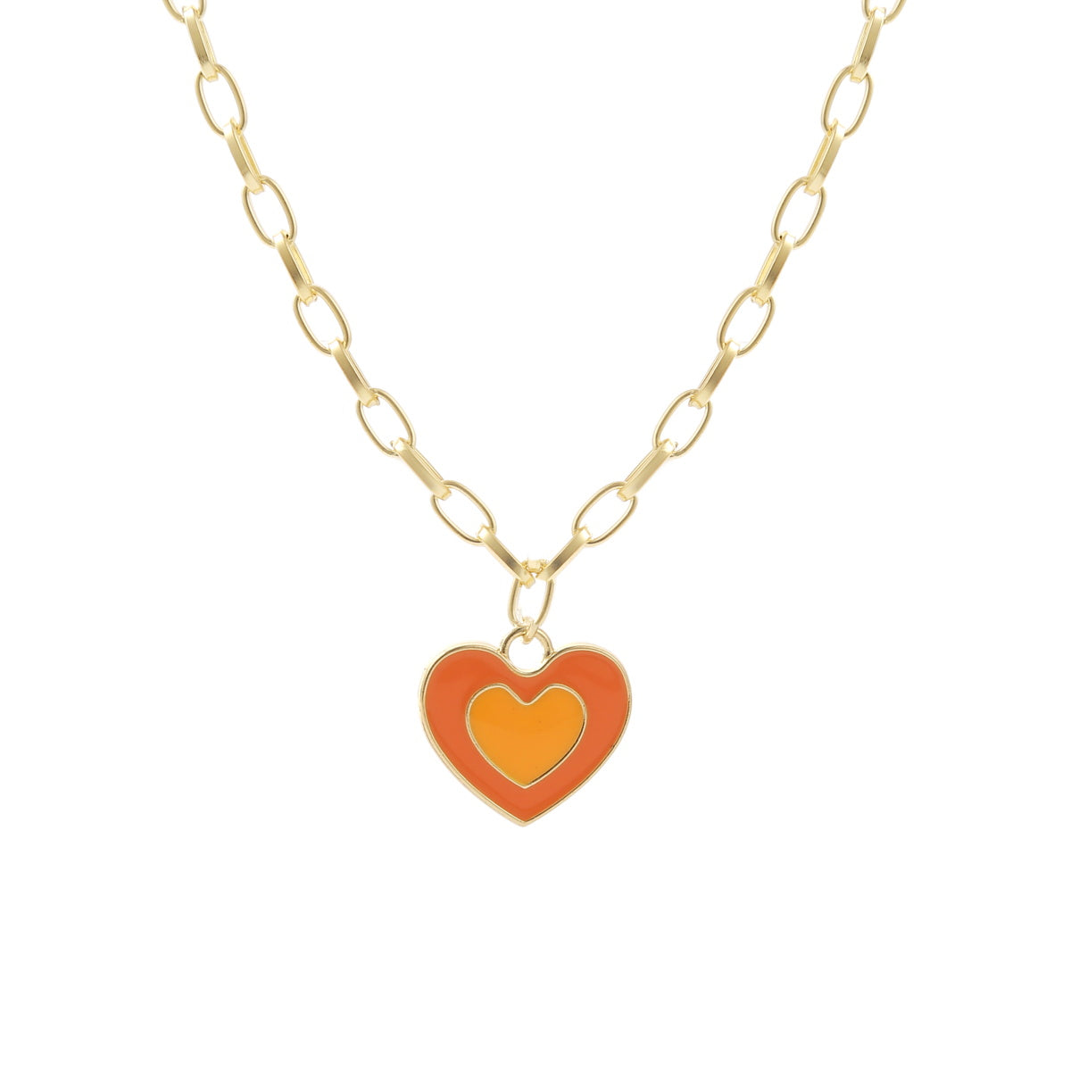 Orange Enamel and 18K Gold-Plated Heart Pendant Necklace, gold pendant necklace for women, vintage-inspired design, side view