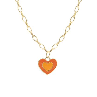 Orange Enamel and 18K Gold-Plated Heart Pendant Necklace, gold pendant necklace for women, vintage-inspired design, side view
