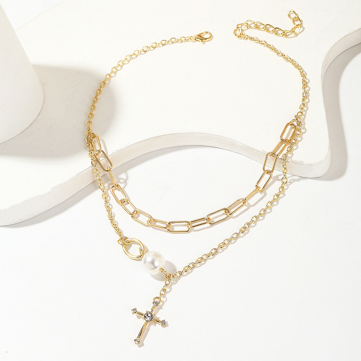 Pearl & Cubic Zirconia 18K Gold-Plated Cross Layered Necklace