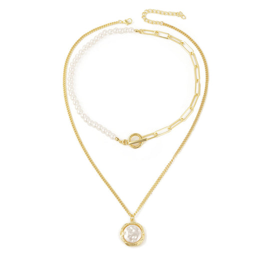 Pearl and 18K Gold-Plated Half-Chain Necklace and Round Pendant Necklace, jewelry gift sets for women, front view