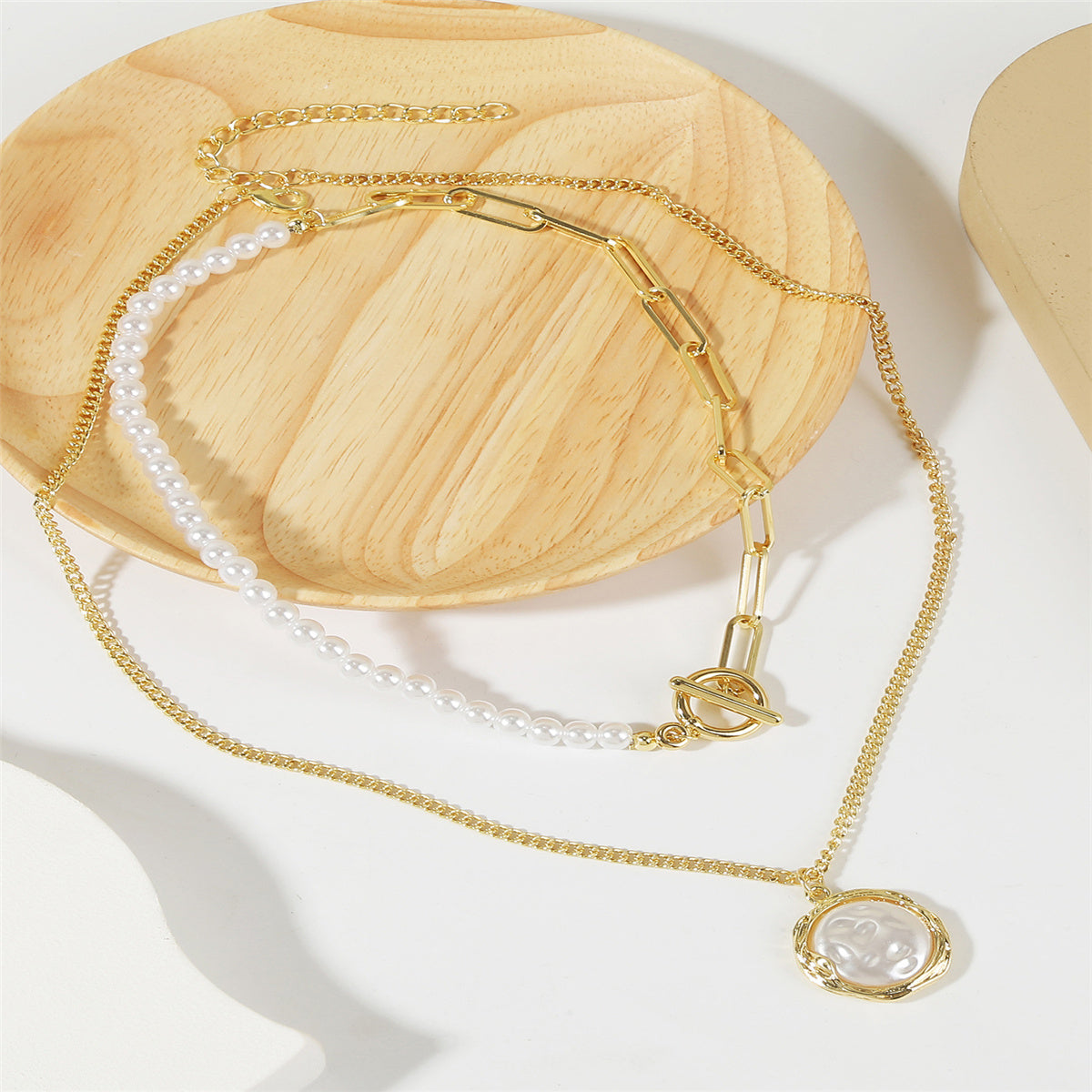 Pearl & 18K Gold-Plated Half-Chain Necklace & Round Pendant Necklace