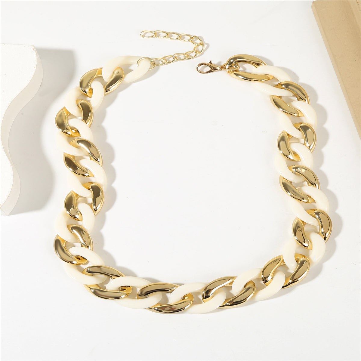 White Acrylic and 18K Gold-Plated Cuban Chain Collar Necklace, gold pendant necklace for women, side view