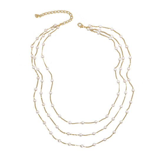 Pearl and 18K Gold-Plated Layered Station Necklace, gold pendant necklace for women, botanical inspired, front view