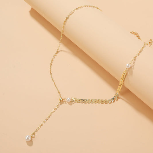 Pearl and 18K Gold-Plated Wheat-Ear Chain-Drop Necklace, gold pendant necklace for women, elegant gift for her, front view