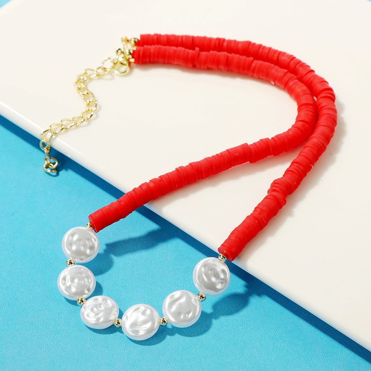Pearl and Red Polymer Clay 18K Gold-Plated Beaded Necklace, gold pendant necklace for women, front view