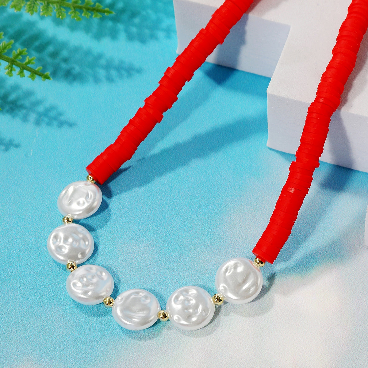 Pearl and Red Polymer Clay 18K Gold-Plated Beaded Necklace, gold pendant necklace for women, side view