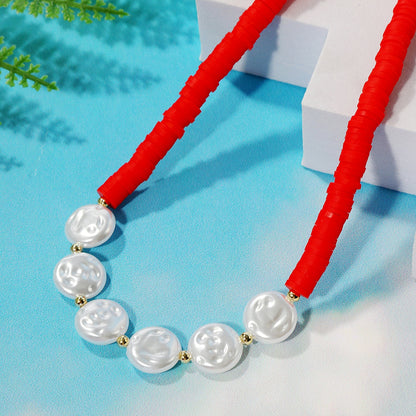 Pearl and Red Polymer Clay 18K Gold-Plated Beaded Necklace, gold pendant necklace for women, side view