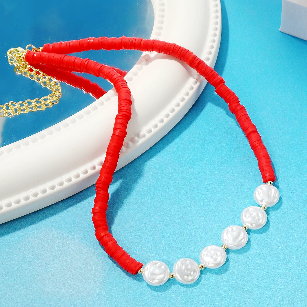 Pearl and Red Polymer Clay 18K Gold-Plated Beaded Necklace, gold pendant necklace for women, detail close-up