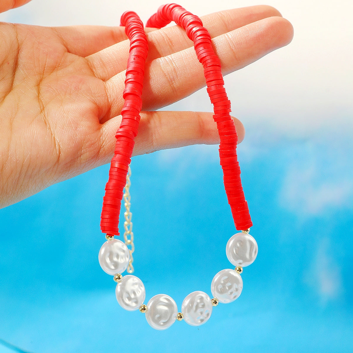 Pearl and Red Polymer Clay 18K Gold-Plated Beaded Necklace, gold pendant necklace for women, lifestyle look