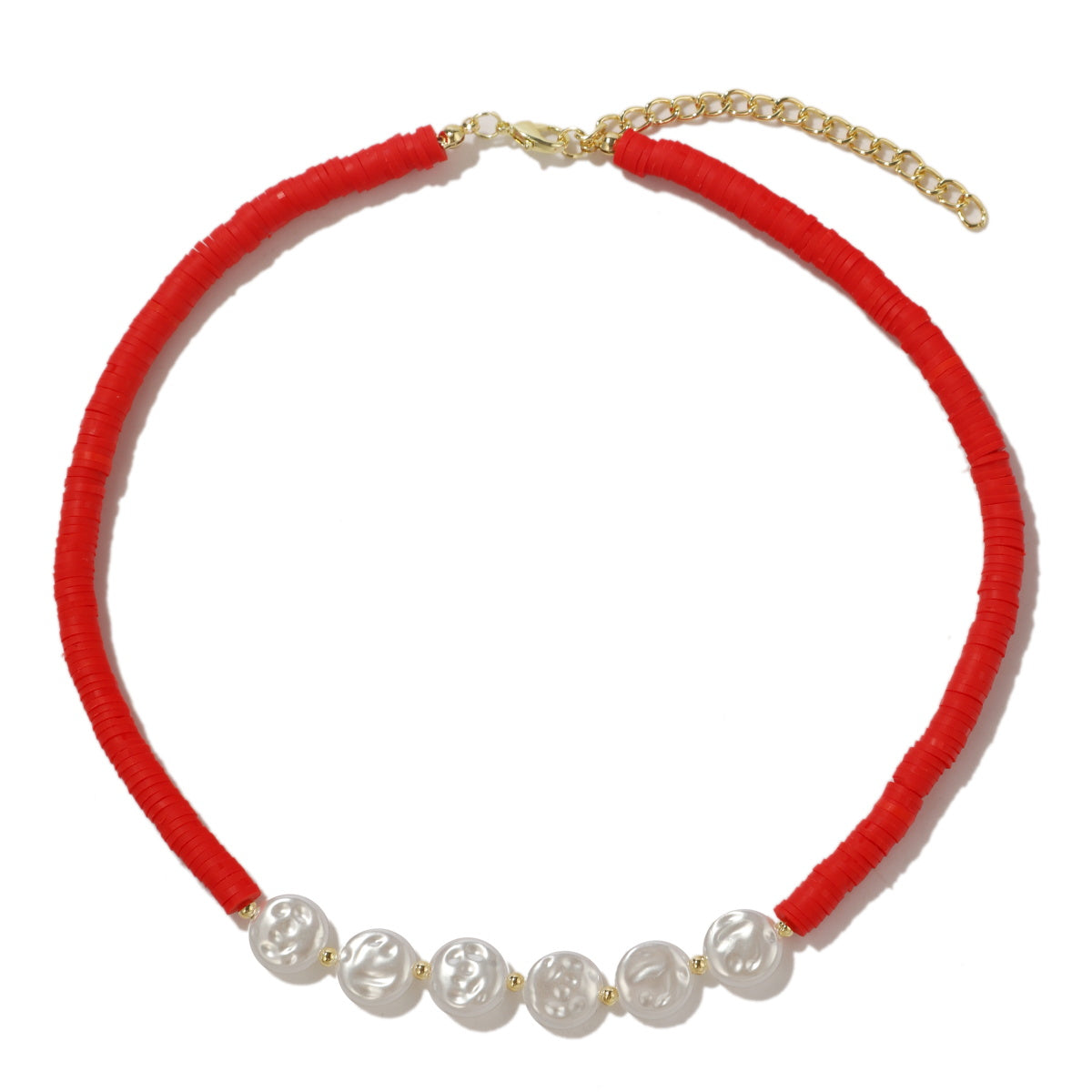 Pearl and Red Polymer Clay 18K Gold-Plated Beaded Necklace, gold pendant necklace for women, styled look