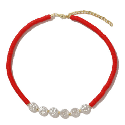 Pearl and Red Polymer Clay 18K Gold-Plated Beaded Necklace, gold pendant necklace for women, styled look