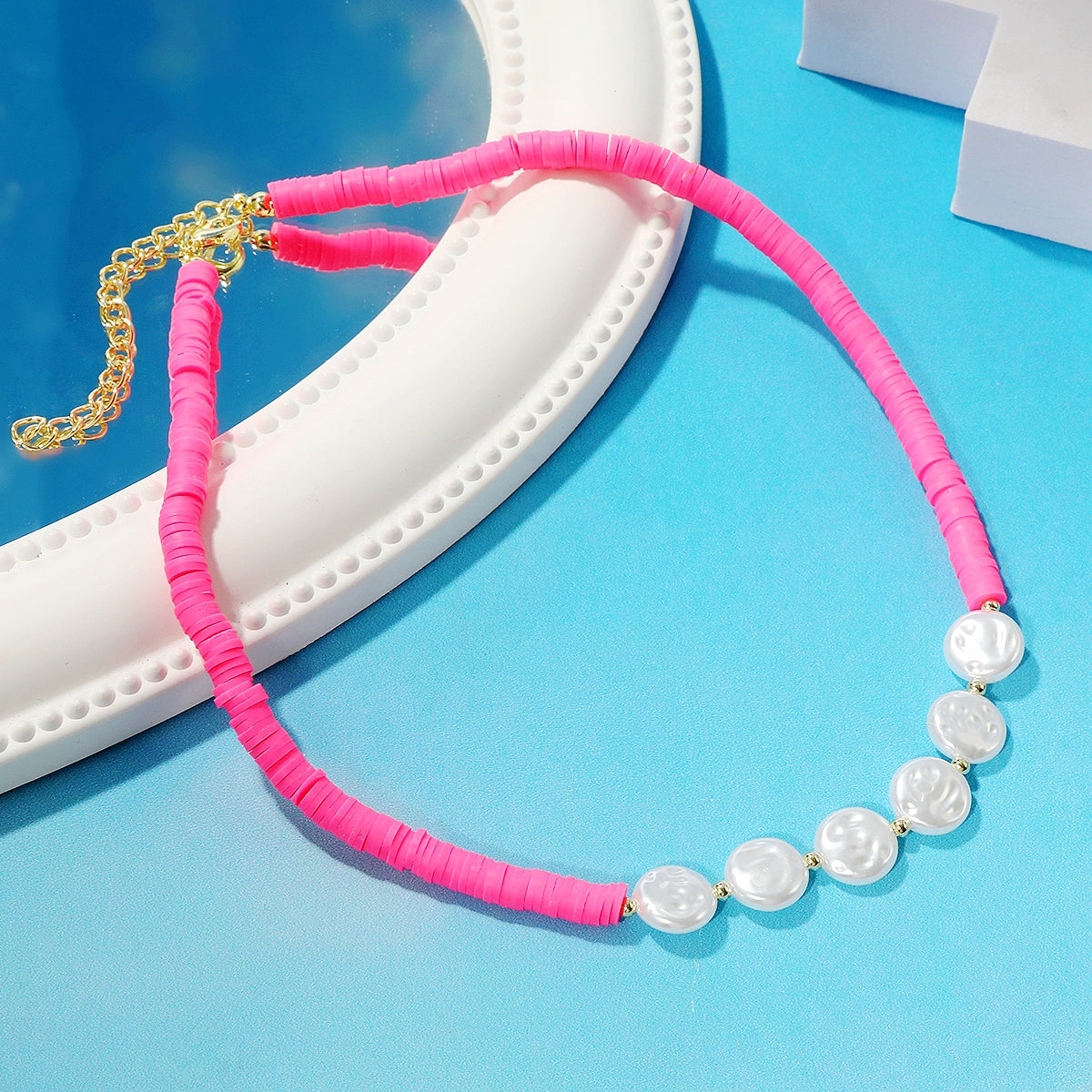 Pearl and Rose Polymer Clay 18K Gold-Plated Necklace, gold pendant necklace for women, elegant gift for her, detail close-up