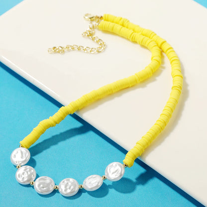 Pearl and Yellow Polymer Clay 18K Gold-Plated Beaded Necklace, gold pendant necklace for women, front view