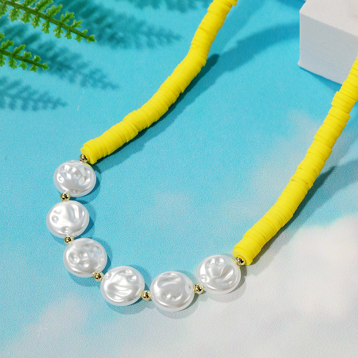 Pearl and Yellow Polymer Clay 18K Gold-Plated Beaded Necklace, gold pendant necklace for women, side view