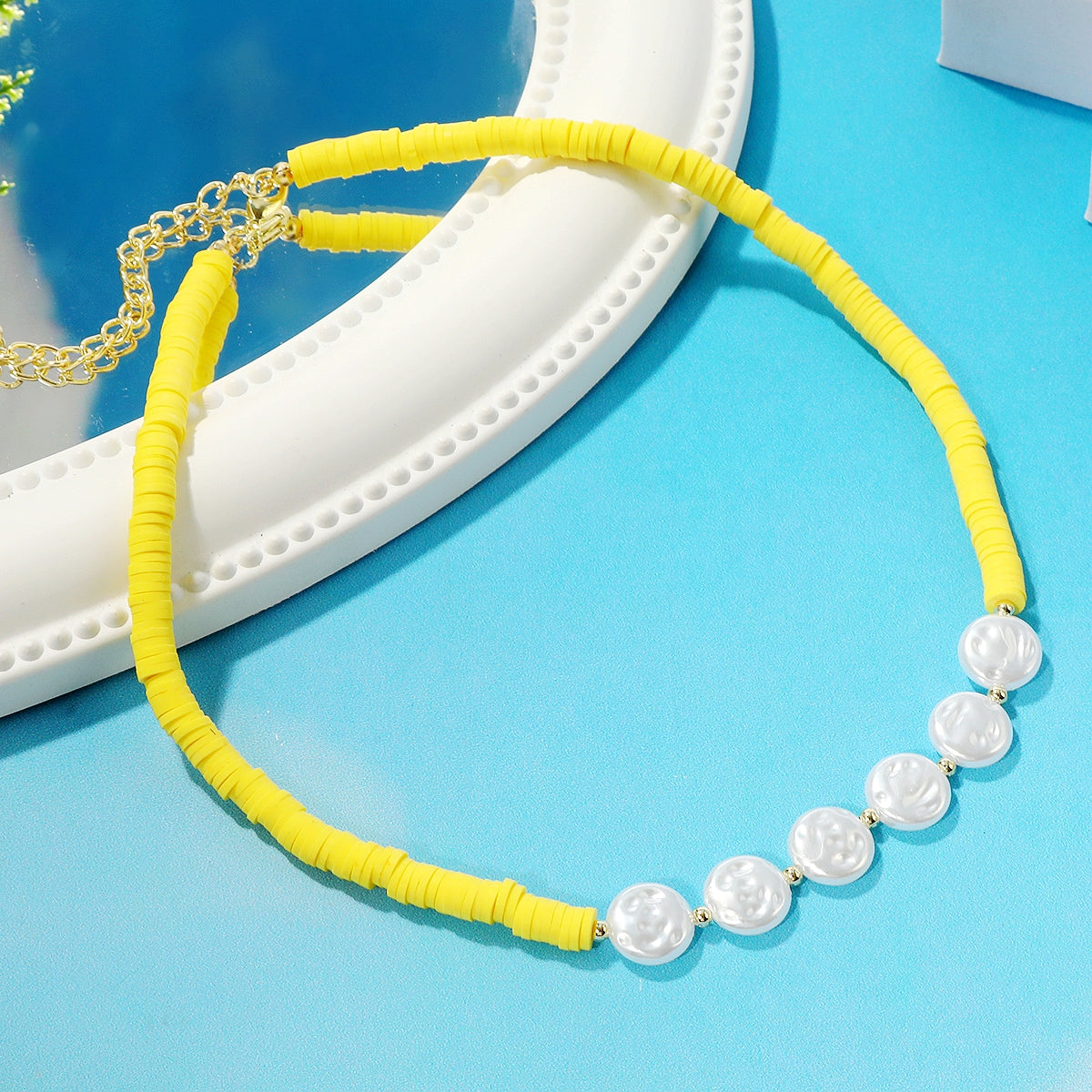 Pearl and Yellow Polymer Clay 18K Gold-Plated Beaded Necklace, gold pendant necklace for women, detail close-up