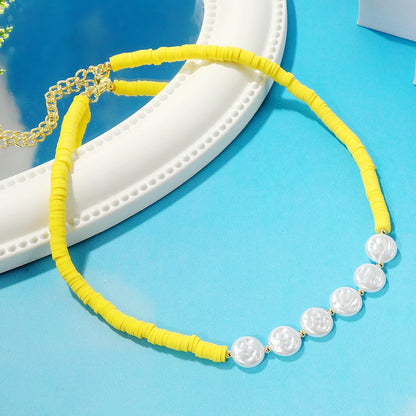 Pearl and Yellow Polymer Clay 18K Gold-Plated Beaded Necklace, gold pendant necklace for women, detail close-up