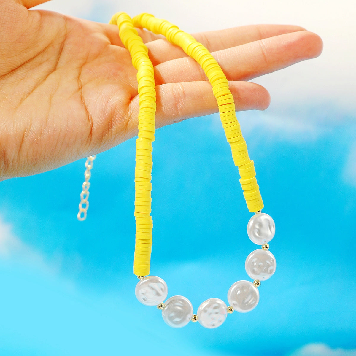 Pearl and Yellow Polymer Clay 18K Gold-Plated Beaded Necklace, gold pendant necklace for women, lifestyle look