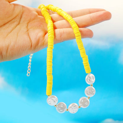 Pearl and Yellow Polymer Clay 18K Gold-Plated Beaded Necklace, gold pendant necklace for women, lifestyle look