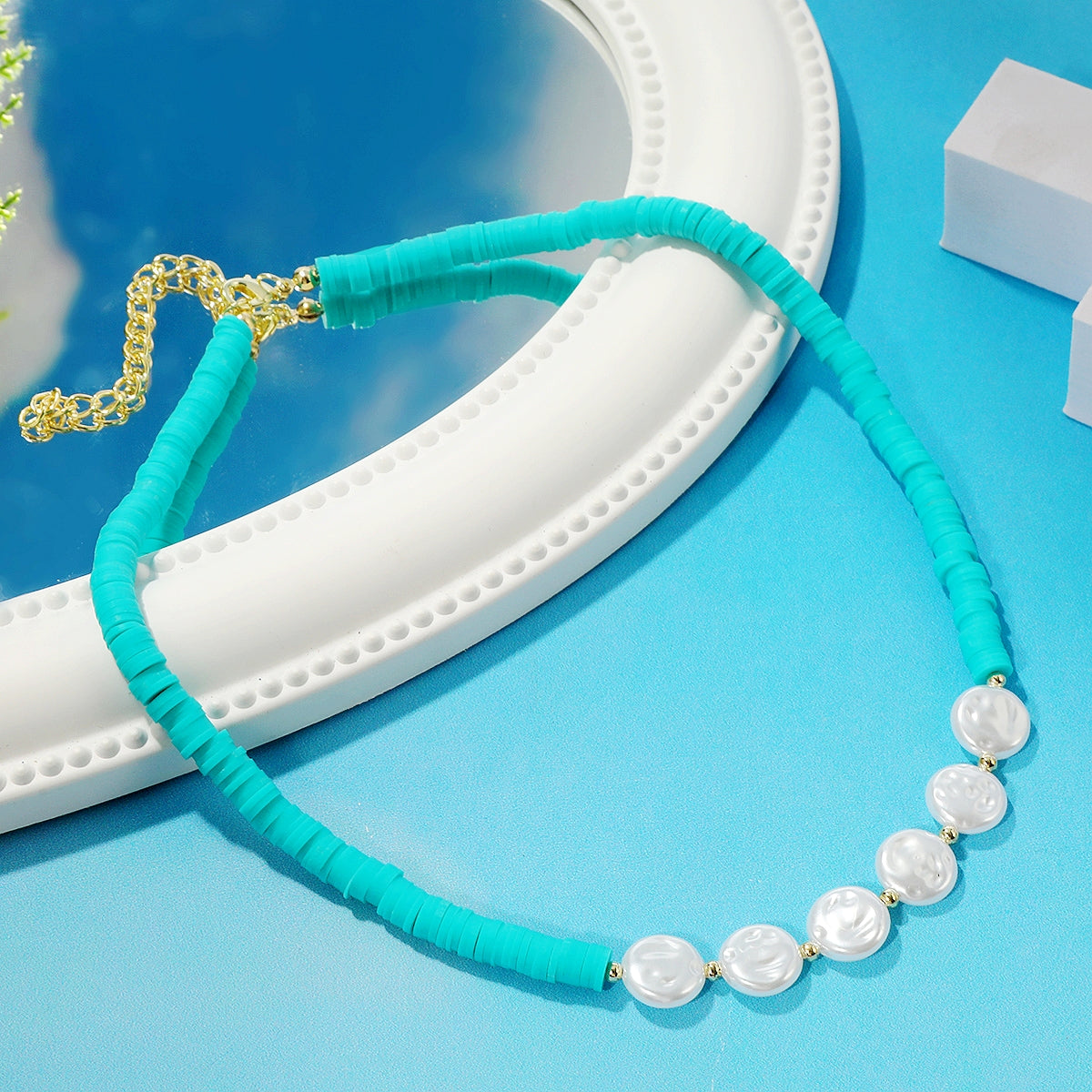 Pearl and Green Polymer Clay 18K Gold-Plated Beaded Necklace, gold pendant necklace for women, detail close-up