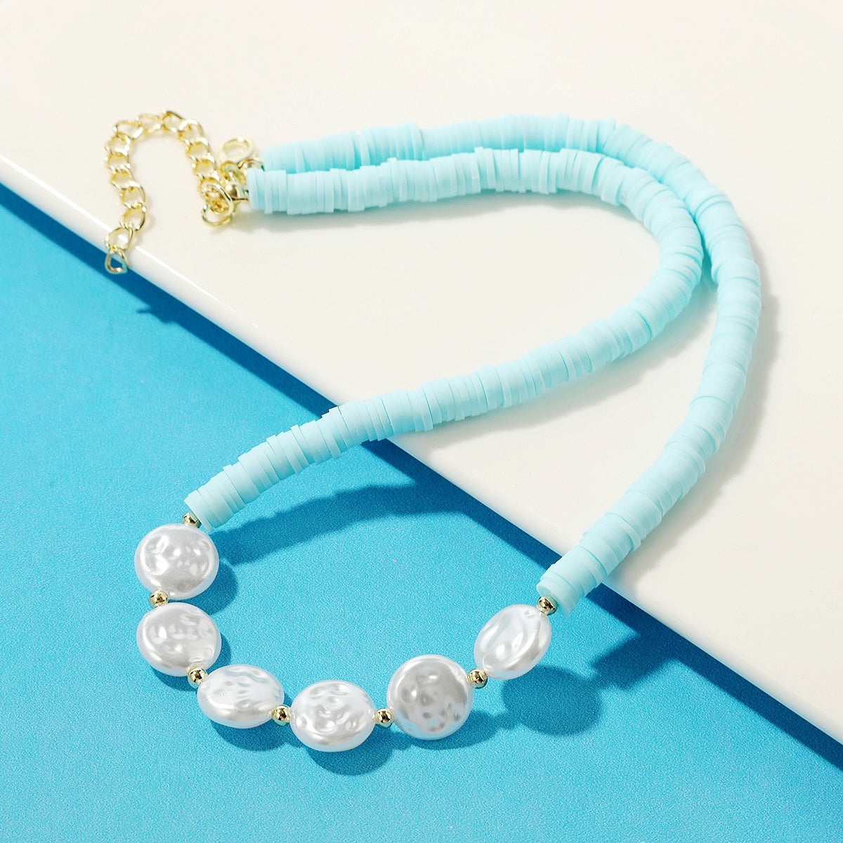 Pearl and Light Blue Polymer Clay 18K Gold-Plated Beaded Necklace, gold pendant necklace for women, front view