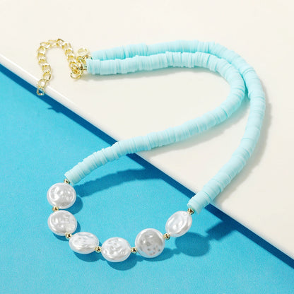 Pearl and Light Blue Polymer Clay 18K Gold-Plated Beaded Necklace, gold pendant necklace for women, front view