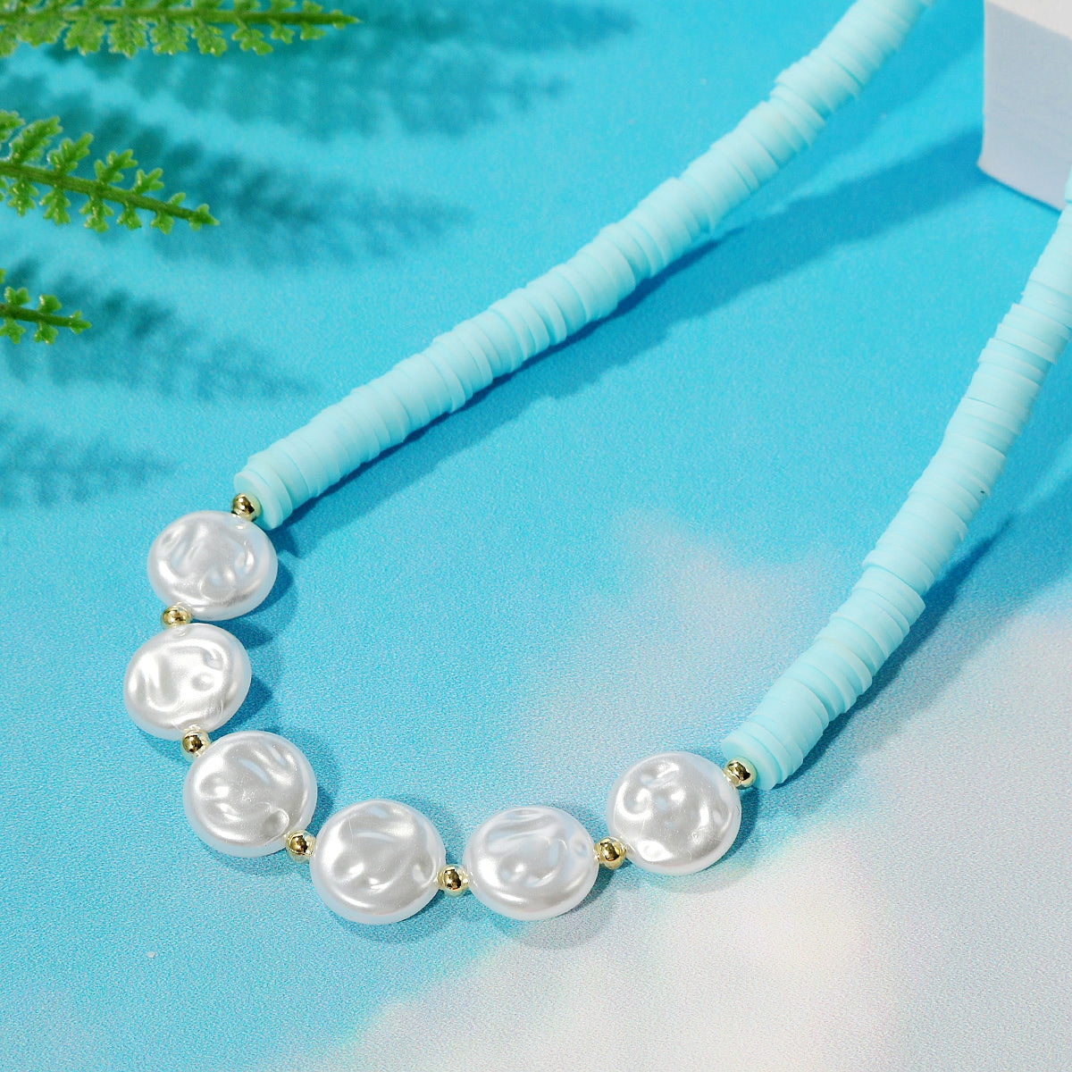 Pearl and Light Blue Polymer Clay 18K Gold-Plated Beaded Necklace, gold pendant necklace for women, everyday style, side view