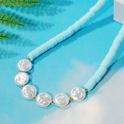 Pearl and Light Blue Polymer Clay 18K Gold-Plated Beaded Necklace, gold pendant necklace for women, everyday style, side view