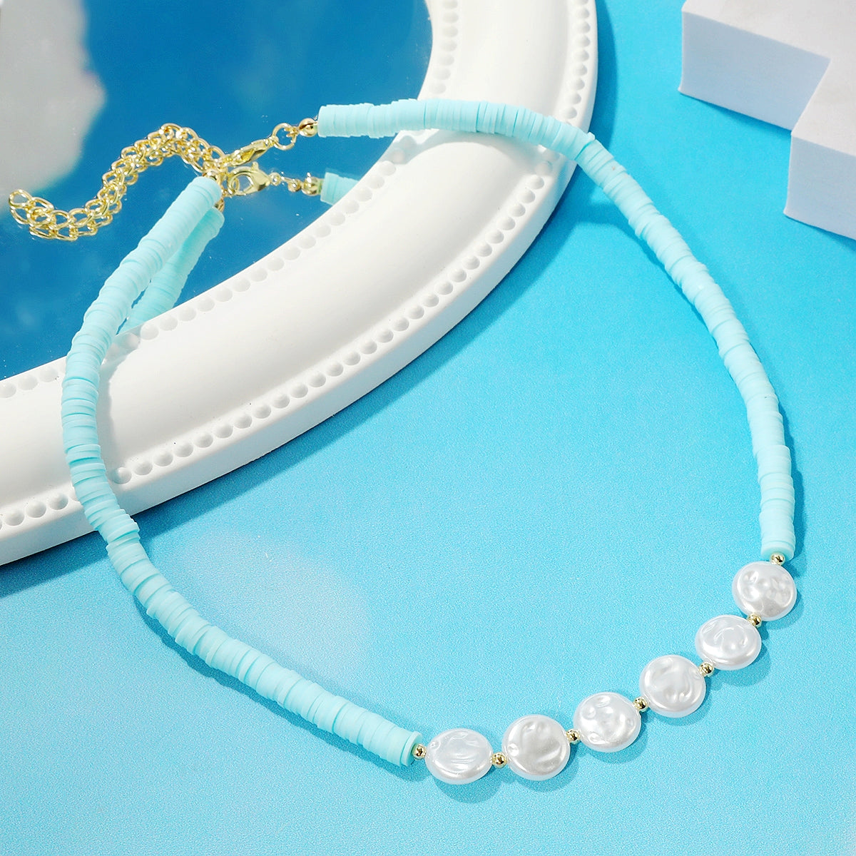 Pearl and Light Blue Polymer Clay 18K Gold-Plated Beaded Necklace, gold pendant necklace for women, detail close-up