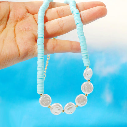 Pearl and Light Blue Polymer Clay 18K Gold-Plated Beaded Necklace, gold pendant necklace for women, styled look