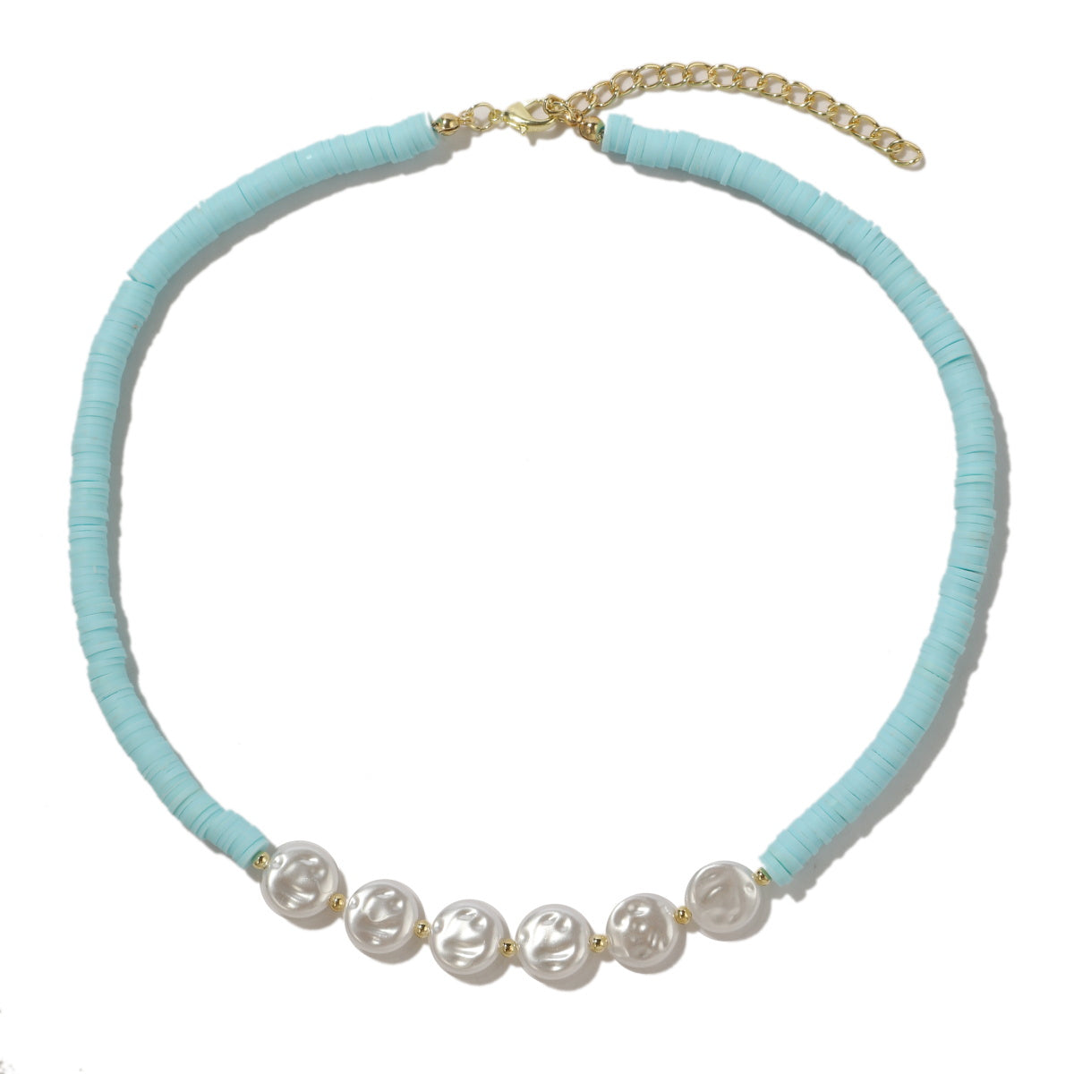 Pearl and Light Blue Polymer Clay 18K Gold-Plated Beaded Necklace, gold pendant necklace for women, lifestyle look