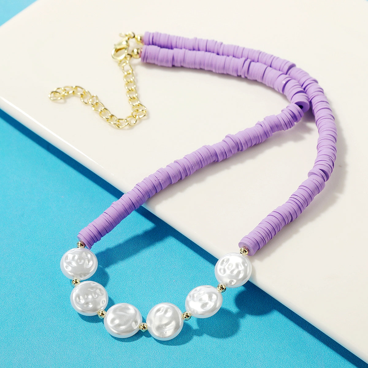Pearl and Purple Polymer Clay 18K Gold-Plated Beaded Necklace, gold pendant necklace for women, front view