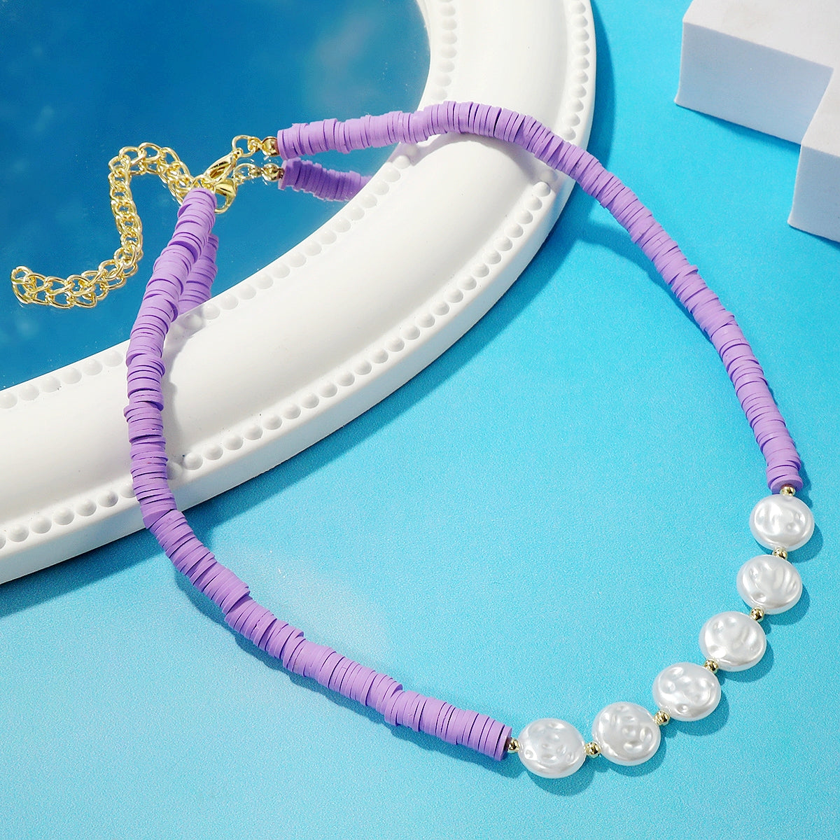 Pearl and Purple Polymer Clay 18K Gold-Plated Beaded Necklace, gold pendant necklace for women, side view