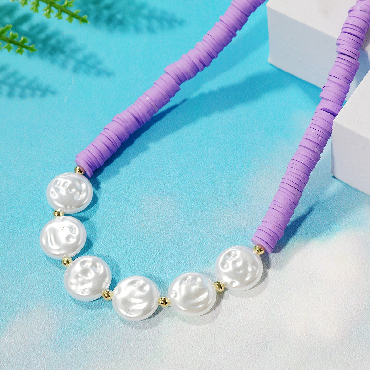 Pearl and Purple Polymer Clay 18K Gold-Plated Beaded Necklace, gold pendant necklace for women, detail close-up