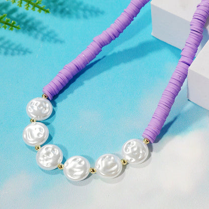Pearl and Purple Polymer Clay 18K Gold-Plated Beaded Necklace, gold pendant necklace for women, detail close-up