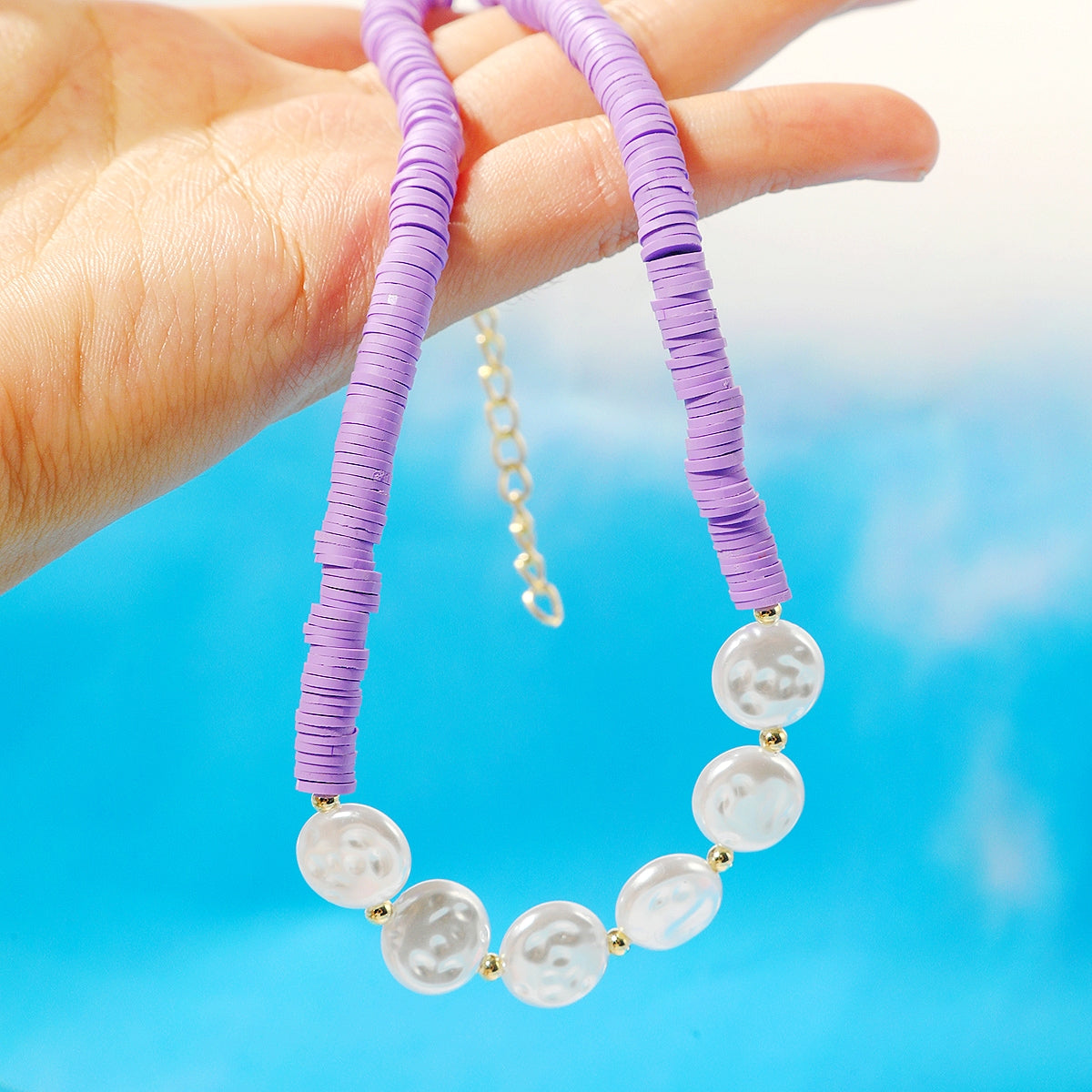Pearl and Purple Polymer Clay 18K Gold-Plated Beaded Necklace, gold pendant necklace for women, lifestyle look