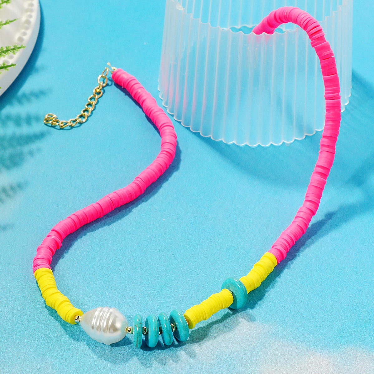 Pearl and Pink Polymer Clay Turquoise 18K Gold-Plated Beaded Necklace, gold pendant necklace for women, front view