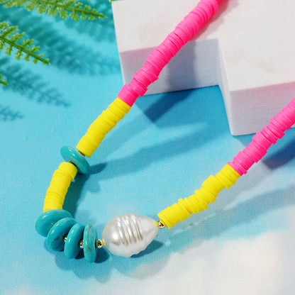 Pearl and Pink Polymer Clay Turquoise 18K Gold-Plated Beaded Necklace, gold pendant necklace for women, side view