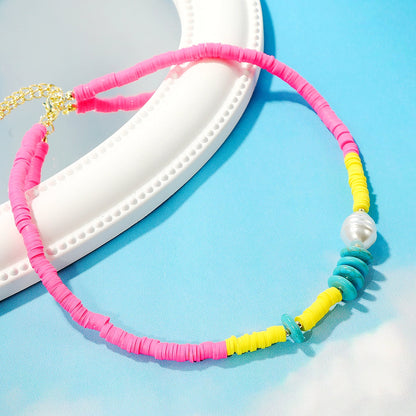 Pearl and Pink Polymer Clay Turquoise 18K Gold-Plated Beaded Necklace, gold pendant necklace for women, detail close-up
